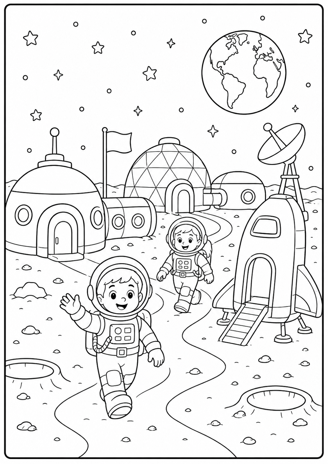 Color astronauts exploring a busy moon base filled with habitats, a rocket and communication dishes. This free printable encourages space stories for ages 5–8.