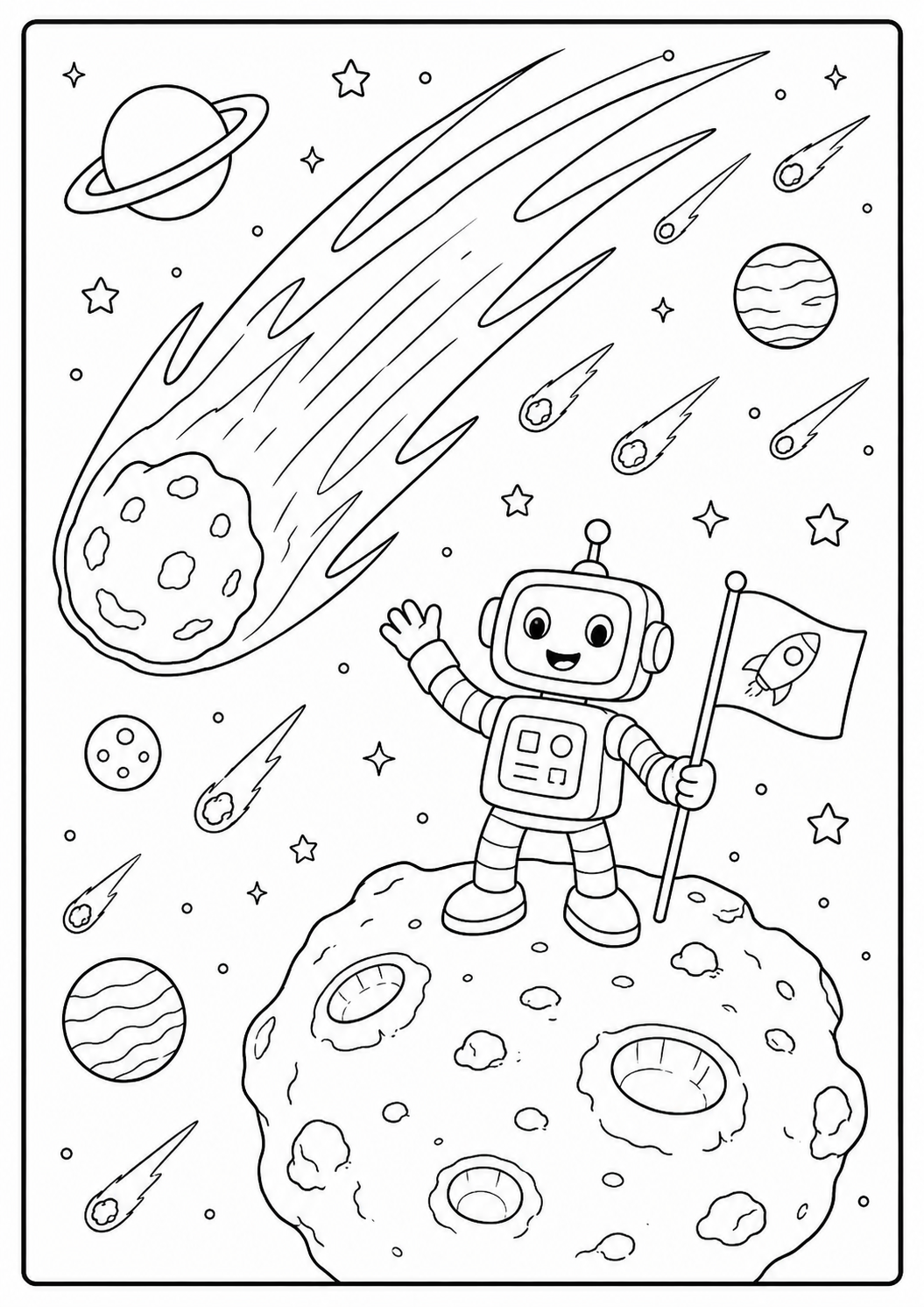 Color a friendly robot holding a flag on the moon as bright meteors streak through space. The bold character and lively sky suit children ages 4–7.